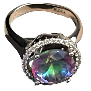 Mystic Topaz Ctr, White Sapphires & Diamond White Gold over Sterling Silver NIB
